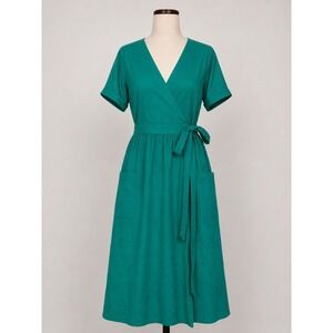 GAP Womens Linen Blend Short Sleeve Wrap Midi Dress Egyptian Turquoise 6 Pockets